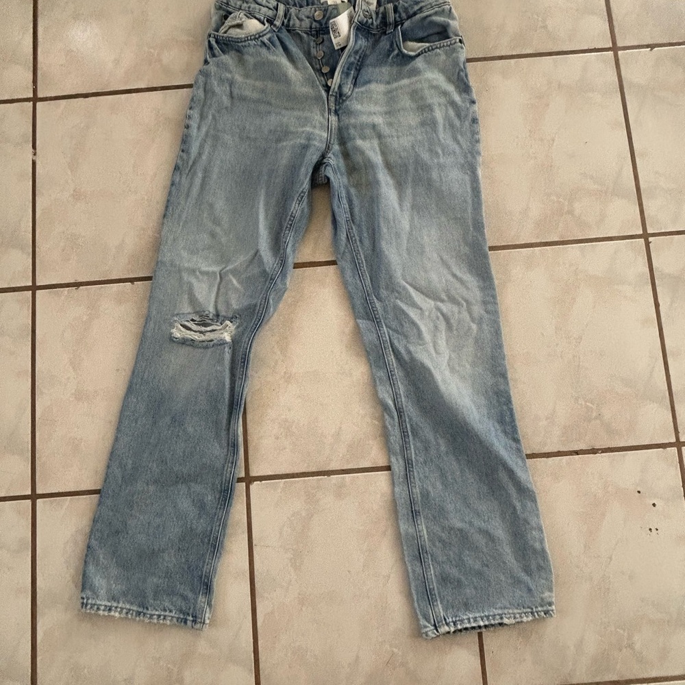 H&M Light Blue High-Rise Straight Jeans with Knee Distress